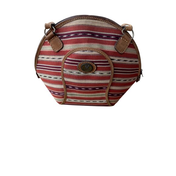 Vintage Guatemalan Handcrafted Striped Leather Santa Fe Aztec Fabric Purse Bag - Picture 4 of 13